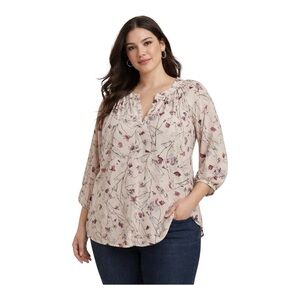 Lila Rose Floral Blouse 1X Cream Pink Boho Peasant Top 3/4 Sleeve